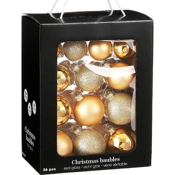 Vánoční dekorace LAALU Vánoční ozdoby - koule, zlaté, skleněné, mix 5-7 cm, 26 ks
