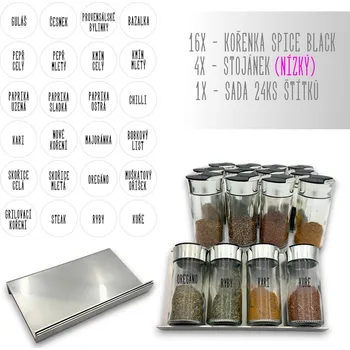 Kořenka Orion Sada 16ks kořenek SPICE BLACK 100ml + 4ks nerezový organizér na kořenky VASKY - NEREZ (nízký) + sada 24ks štítků
