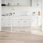 vidaXL Psí branka s dvířky, skládací, 4 panely, bílá, 320 cm, topolové dřevo