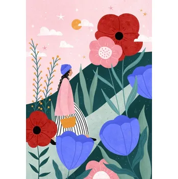 Plakát Plakát, Obraz - Woman Walking in Flower Garden, Bea Muller