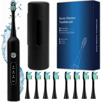 Elektrický zubní kartáček ELEKTRICKÝ SONICKÝ ZUBNÍ KARTÁČEK 8 NÁHRADNÍCH HLAVIC SADA POUZDRO 6 REŽIMŮ ČERNÁ