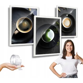 Obraz Sada 3 obrazů KÁVA, MATCHA bílý rámeček na zeď 30x40 na plexiskle, triptych