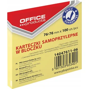 Samolepicí bločky OFFICE PRODUCTS 76x76 mm, 100 listů, žluté