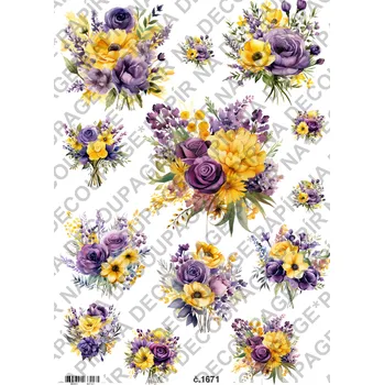 Umělecký papír Rýžový a soft papír na decoupage - Květiny žluté fialové - KB01671 Materiál: Soft, Rozměr: A4