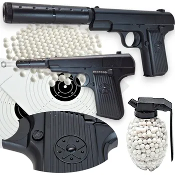 Dětská zbraň TOKAREV TT REPLIKA ZBRANĚ ASG Pistole KOVOVÁ Kuličky TLUMIČ GRANÁT 2 terče