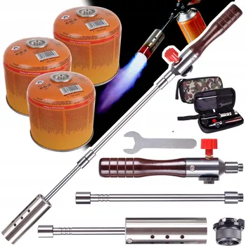 Turistický vařič PLAMENOMET PLYNOVÝ NA OPALOVÁNÍ OHŘEV 7/16 + 3X KARTUŠE ELICO 300G, DŘEVĚNÁ RUKOJEŤ