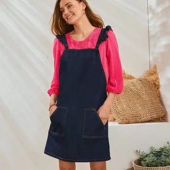 Dámské šaty Džínové šaty s laclem a volánky na ramínkách tmavě modrá 42
