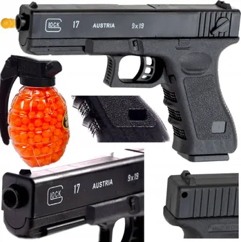 Dětská zbraň GLOCK 17 1:1 REPLIKA ASG POLICEJNÍ PISTOLE NA KULIČKY IMITACE ZBRANĚ + GRANÁT