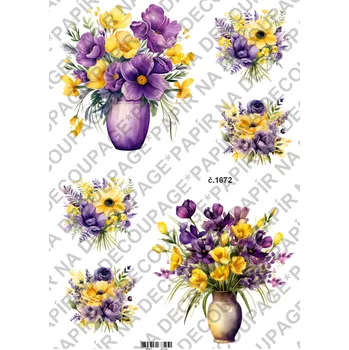 Umělecký papír Rýžový a soft papír na decoupage - Květiny žluté fialové - KB01672 Materiál: Rýžový papír, Rozměr: A4