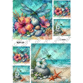 Umělecký papír Rýžový a soft papír na decoupage - Vážky, mušle - KB01669 Materiál: Soft, Rozměr: A4