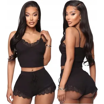 Dámské pyžamo ČERNÉ PYŽAMO S KRAJKOU DÁMSKÉ POHODLNÉ KRÁTKÉ KRAŤASY SET SEXY 38 M/L