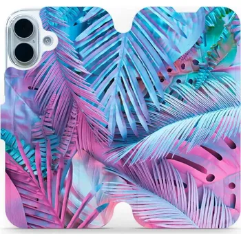 Pouzdro na mobilní telefon Flipové pouzdro Mobiwear - Apple iPhone 17 - MG10S Fialové a modré listy (Knížkové flip pouzdro, obal, kryt na mobil Apple iPhone 17 - MG10S Fialové a modré listy, materiál Umělá kůže + TPU - ochrana 360°, stojánek, silikonová vanička, magnetické zavírání