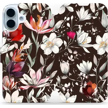 Pouzdro na mobilní telefon Flipové pouzdro Mobiwear - Apple iPhone 17 - VP72S Květy na hnědé (Knížkové flip pouzdro, obal, kryt na mobil Apple iPhone 17 - VP72S Květy na hnědé, materiál Umělá kůže + TPU - ochrana 360°, stojánek, silikonová vanička, magnetické zavírání)
