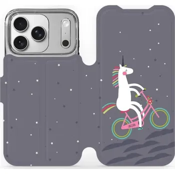 Pouzdro na mobilní telefon Flipové pouzdro Mobiwear - Apple iPhone 17 Pro - V024P Jednorožec na kole (Knížkové flip pouzdro, obal, kryt na mobil Apple iPhone 17 Pro - V024P Jednorožec na kole, materiál Umělá kůže + TPU - ochrana 360°, stojánek, silikonová vanička, magnetické zavírá