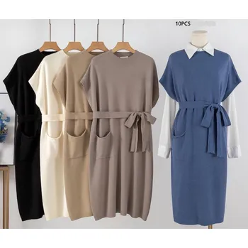 Dámské šaty made in Italy Dámské módní pletené šaty bez rukávu 24149 barva: béžová