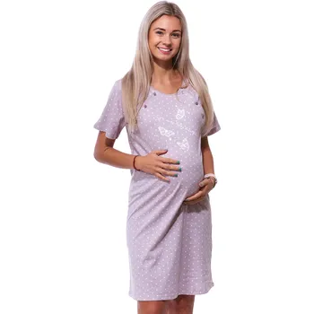 Dámská noční košile Světle kávová puntíkatá těhotenská a kojící košile má dvojité propínání na knoflíky s motýlky 1C3728 hnědá l