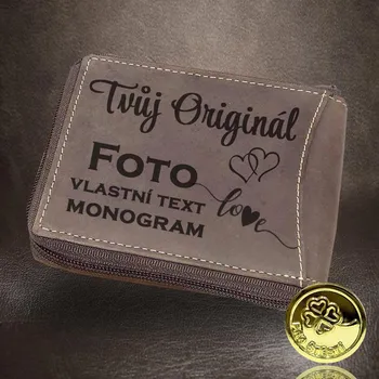 Peněženka Poctivá peněženka na zip a vlastní text, monogram. Kožená peněženka Leon ZIPPER s monogramem, textem nebo fotkou Vyberte variantu: bez jakékoliv úpravy + Akce - zlatá mince Pro štěstí ZDARMA