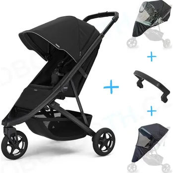 Kočárek Set 4v1 Thule Spring 2 Black on Black 2025 + madlo + pláštěnka + ochranná síť Thule