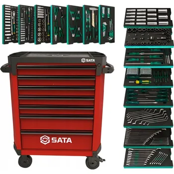 SATA DÍLENSKÝ VOZÍK / SKŘÍŇKA NA NÁŘADÍ S VÝBAVOU 368 KS Červená