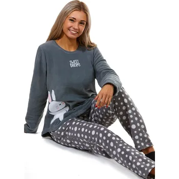 Dámské noční prádlo Šedé i bíle puntíkaté luxusní hřejivé dámské pyžamo králíček na spaní šedá M