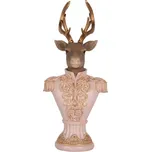 Růžová dekorace busta jelena ve vojenské uniformě – 16x10x37 cm