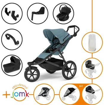 Dětské zboží Set 11v1 Thule Urban Glide 3 Mid blue s magnetickou sponou 2025 + madlo + korbička Black + příslušenství JOMK + autosedačka Thule Maple Black s ISOFIX základnou Thule Alfi a adaptéry