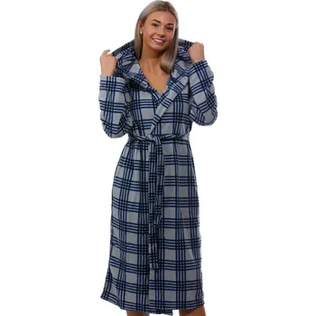 Dámské noční prádlo Šedý a modře šrafovaně károvaný dámský teploučký župan na kojení do porodnice 1Z1189 šedá xl