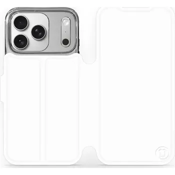 Pouzdro na mobilní telefon Flipové pouzdro Mobiwear - Apple iPhone 17 Pro - Bílé a oranžové (Knížkové flip pouzdro, obal, kryt na mobil Apple iPhone 17 Pro - Bílé a oranžové, materiál Umělá kůže + TPU - ochrana 360°, stojánek, silikonová vanička, magnetické zavírání)