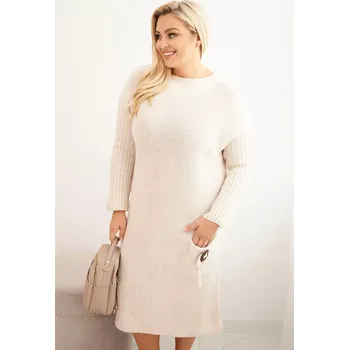Dámské šaty Kesi Włoski Dámská pletená svetrková šaty Plus Size s mohairovým oversized s kapsou béžová
