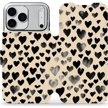 Pouzdro na mobilní telefon Flipové pouzdro Mobiwear - Apple iPhone 17 Pro Max - VA51S Černá srdíčka (Knížkové flip pouzdro, obal, kryt na mobil Apple iPhone 17 Pro Max - VA51S Černá srdíčka, materiál Umělá kůže + TPU - ochrana 360°, stojánek, silikonová vanička, magnetické zavírání