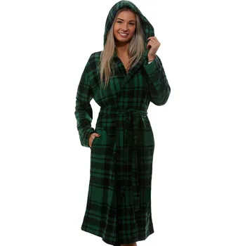 Dámské noční prádlo Černo zeleno šedý károvaný dámský teploučký župan na kojení do porodnice 1Z1316 zelená l