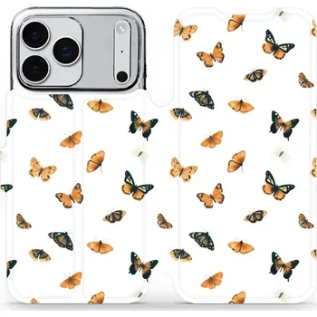 Pouzdro na mobilní telefon Flipové pouzdro Mobiwear - Apple iPhone 17 Pro Max - VP77S Oranžoví motýlci (Knížkové flip pouzdro, obal, kryt na mobil Apple iPhone 17 Pro Max - VP77S Oranžoví motýlci, materiál Umělá kůže + TPU - ochrana 360°, stojánek, silikonová vanička, magnetické)