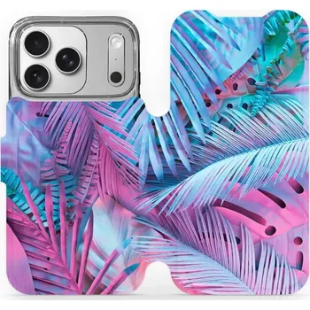 Pouzdro na mobilní telefon Flipové pouzdro Mobiwear - Apple iPhone 17 Pro - MG10S Fialové a modré listy (Knížkové flip pouzdro, obal, kryt na mobil Apple iPhone 17 Pro - MG10S Fialové a modré listy, materiál Umělá kůže + TPU - ochrana 360°, stojánek, silikonová vanička, magnetické)