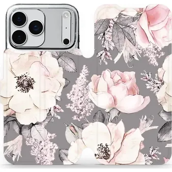 Pouzdro na mobilní telefon Flipové pouzdro Mobiwear - Apple iPhone 17 Pro Max - MX06S Květy na šedém pozadí (Knížkové flip pouzdro, obal, kryt na mobil Apple iPhone 17 Pro Max - MX06S Květy na šedém pozadí, materiál Umělá kůže + TPU - ochrana 360°, stojánek, silikonová vanička,)