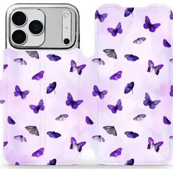 Pouzdro na mobilní telefon Flipové pouzdro Mobiwear - Apple iPhone 17 Pro Max - VP76S Fialoví motýlci (Knížkové flip pouzdro, obal, kryt na mobil Apple iPhone 17 Pro Max - VP76S Fialoví motýlci, materiál Umělá kůže + TPU - ochrana 360°, stojánek, silikonová vanička, magnetické)