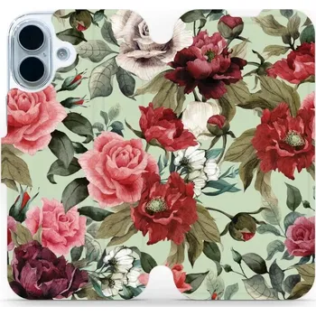 Pouzdro na mobilní telefon Flipové pouzdro Mobiwear - Apple iPhone 17 - MD06P Růže a květy na světle zelené (Knížkové flip pouzdro, obal, kryt na mobil Apple iPhone 17 - MD06P Růže a květy na světle zelené, materiál Umělá kůže + TPU - ochrana 360°, stojánek, silikonová vanička,)