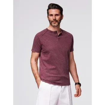 Pánské oblečení Pánské tričko s efektem vyprání a knoflíky u výstřihu – bordó V3 OM-TSWT-0150