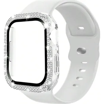 Příslušenství k chytrým hodinkám Sada Ochranný kryt s kamínky + silikonový řemínek Apple Watch 45mm Barva: Bílá, Typ: 2