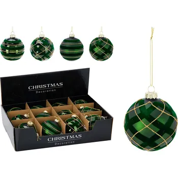 Vánoční dekorace KOOPMAN Vánoční koule 80 mm, zelený kostkovaný vzor, zlatý potisk (mix 4 barev, cena /1 ks) 591652