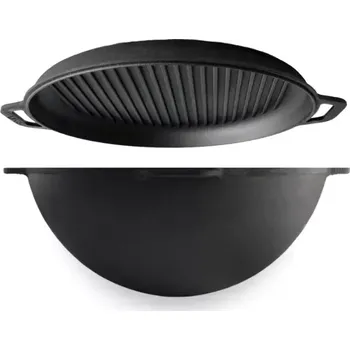 kotlíky Brizoll Litinový kotlík 40 cm 15l kazan KA15-3 + grilovací pánev-poklička, žebrovaná (Brizoll KA15-3 Kazan - Kotlík z litiny s uvnitř žebrovanou litinovou poklicí - průměr 40 cm, objem kotlíku 15 litrů)