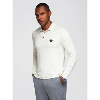 Pánská móda Polo tričko s dlouhým rukávem a elegantními knoflíky s logem značky – krémové V2 OM-POLS-0139
