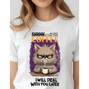 Dámské tričko Dámské tričko - Coffee cat Barva: Růžová, Velikost: XL