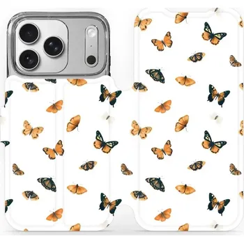 Pouzdro na mobilní telefon Flipové pouzdro Mobiwear - Apple iPhone 17 Pro - VP77S Oranžoví motýlci (Knížkové flip pouzdro, obal, kryt na mobil Apple iPhone 17 Pro - VP77S Oranžoví motýlci, materiál Umělá kůže + TPU - ochrana 360°, stojánek, silikonová vanička, magnetické zavírání)