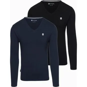 Pánské tričko Sada pánských triček SLIM FIT s dlouhým rukávem, výstřihem do V a logem, 2 kusy – tmavě modrá a černá V3 Z103