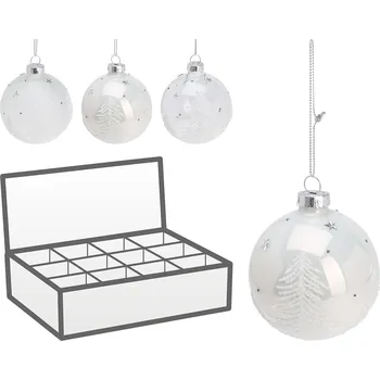 Vánoční dekorace Vánoční skleněná koule 80 mm bílá, dekorace třpytivý stromeček (3 vzory) cena za 1 ks 591534