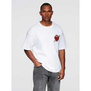 Pánské tričko Pánské bavlněné tričko s aplikací šperků na hrudi – smetanové V2 OM-TSCT-0290