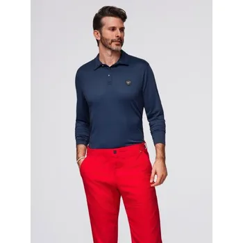 Pánská móda Polo tričko s dlouhým rukávem a elegantními knoflíky s logem značky – tmavě modré V3 OM-POLS-0139