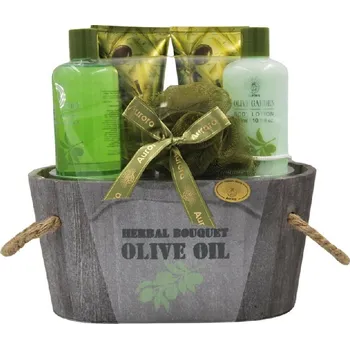 Kosmetická sada Aurora Olive Garden Gift Set 5ks Dárková sada obsahuje sprchový gel + tělový balzám + krém na ruce + peeling na tělo + houbička