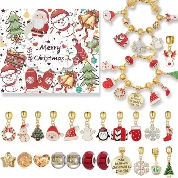 Vánoční dekorace Abatoni Vánoční Adventní kalendář se 2 náramky a 22 přívěsky - barva zlatá, červená a bílá (sada pro výrobu náramků)