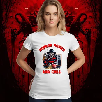 Dámské tričko Dámské tričko - Horror movies and chill Barva: Bílá, Velikost: L, Střih: Dámské